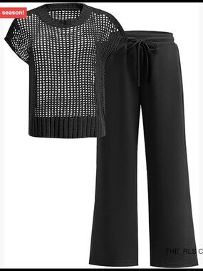 Crochet Sheer Knit Sweater Top Wide Leg Pants Lounge Matching Set
